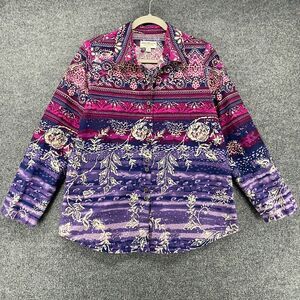 Norm Thompson Blouse Top Womens 12 Purple Floral Button Up Tunic Artsy Western